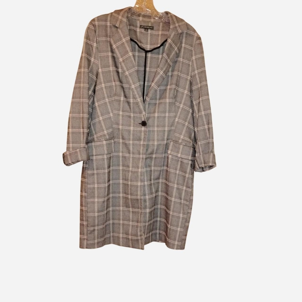 Adrianna Papell Grey Glen Plaid Longline Blazer Coatigan Size Medium M